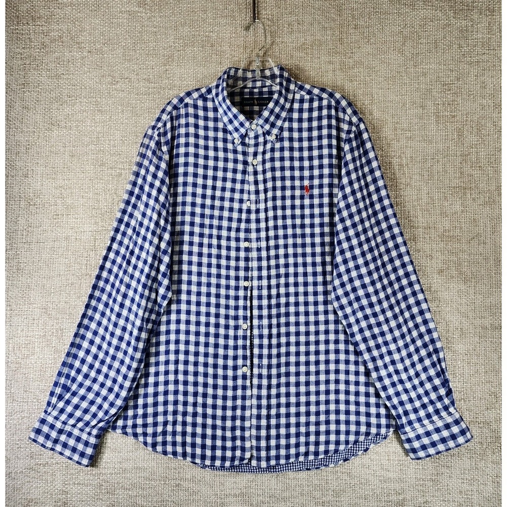 Polo Ralph Lauren Shirt Mens XL Blue White Gingham Plaid Gauze Lined
